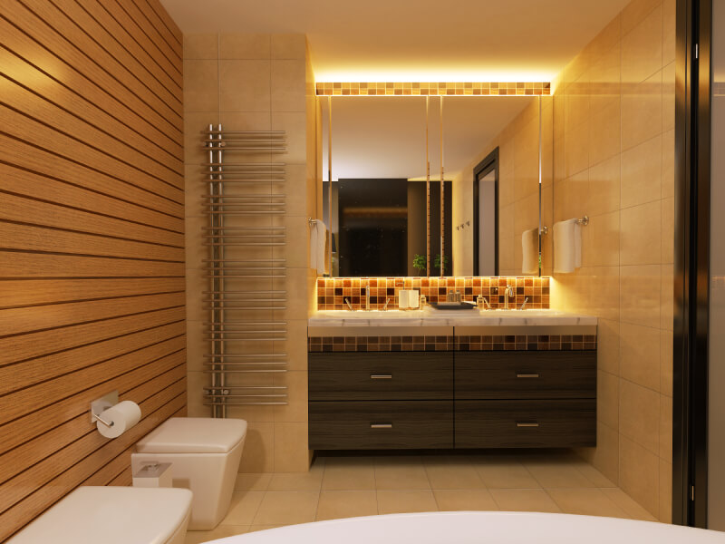 Modern, sleek bathroom with a vanity.