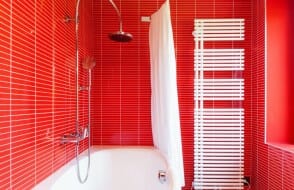 modern tile red bathroom shower bathtub tub