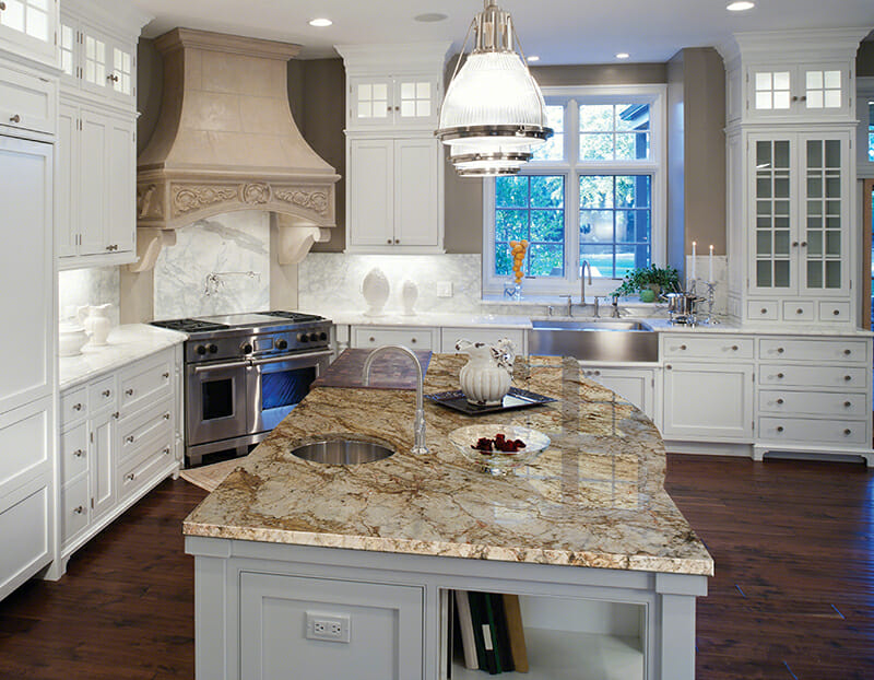 Luxurious white marble residential kitchen.