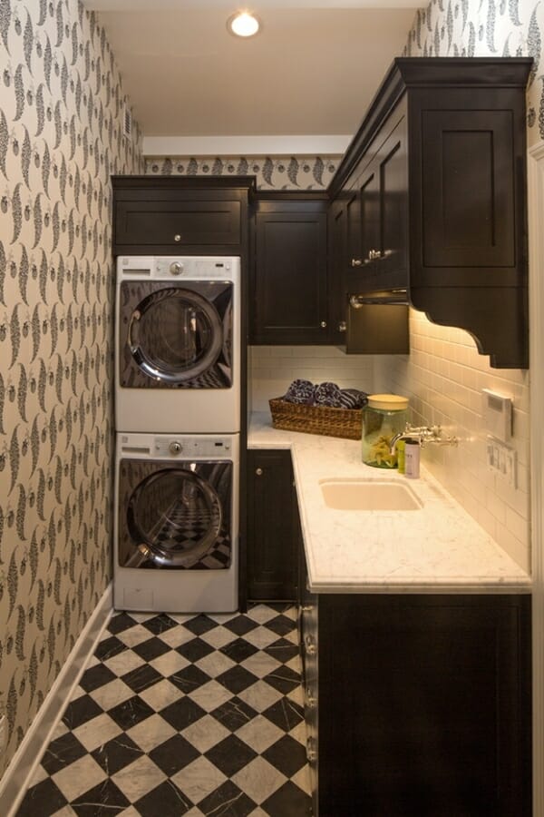 Stacked washer and dryer in a narrow laundry space