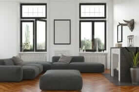 Modern living room with black casement windows