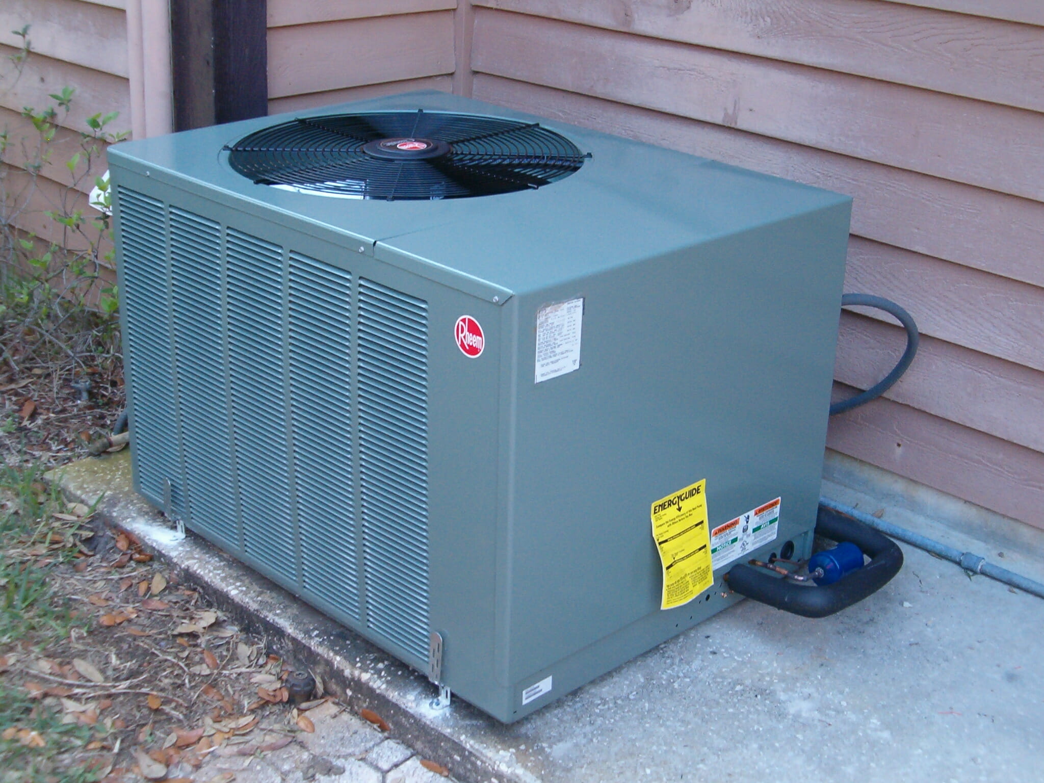 Close-up image of a Rheem HVAC unit.