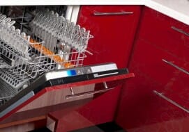 Red modern dishwasher half open