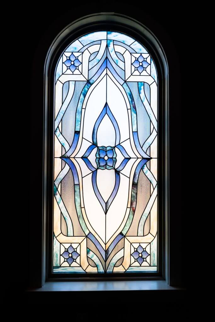 blue stained glass flower window