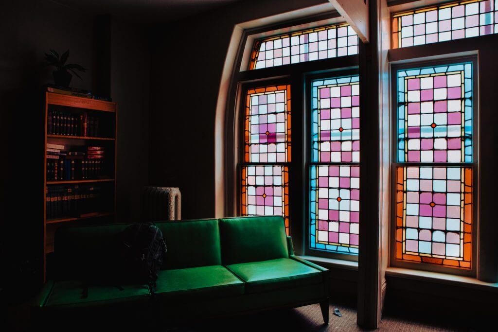 geometric stained glass living room window
