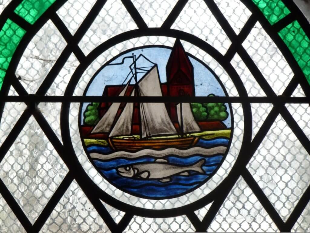 window with stained glass ship
