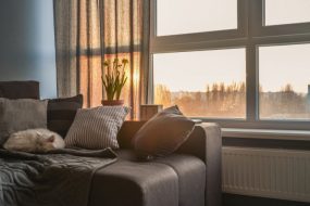 Cozy family room with brown couch, sleeping cat and large windows showing winter landscape on sunset