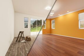 A before/after look at a living room with new floors, lighting, and paint