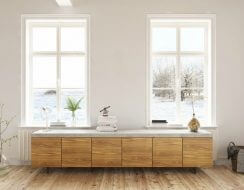 Windows in a modern kitchen with snow outside