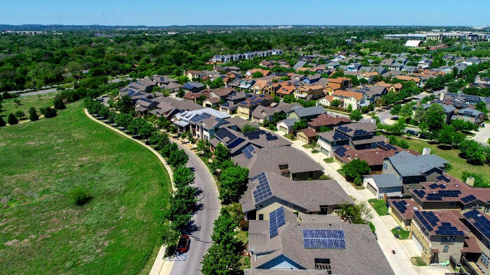 Solar panels on homes in an Austin neighborhood