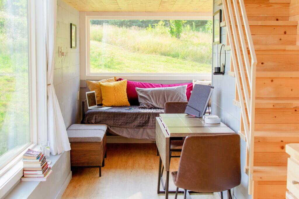 Interior view of windows in a tiny, mobile home