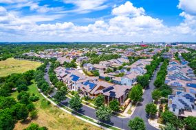 Solar Panel Community in Austin Texas Aerial drone view above Mueller District