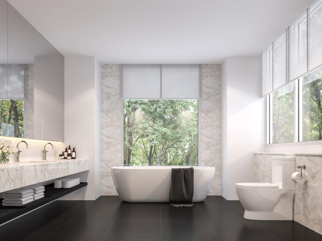 Luxurious bathroom with natural views 3d render. The room has black tile floors, white marble walls, There are large windows sunlight shining into the room.