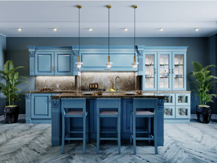 Blue kitchen with high-quality floors and lighting, and custom built-ins