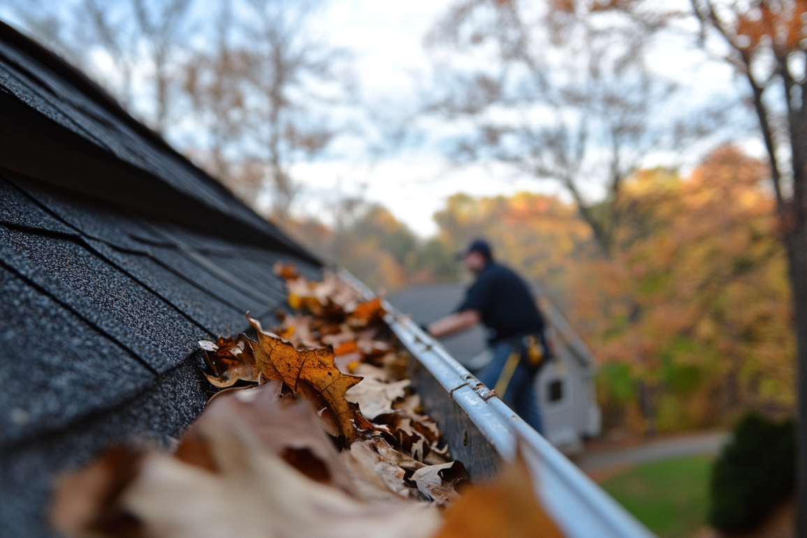 a man on a ladder cleaning a gutter covered in fall leaves