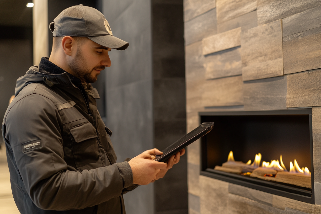 A technician inspecting a modern fireplace 