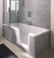 walk-in tub/shower combo in small bathroom