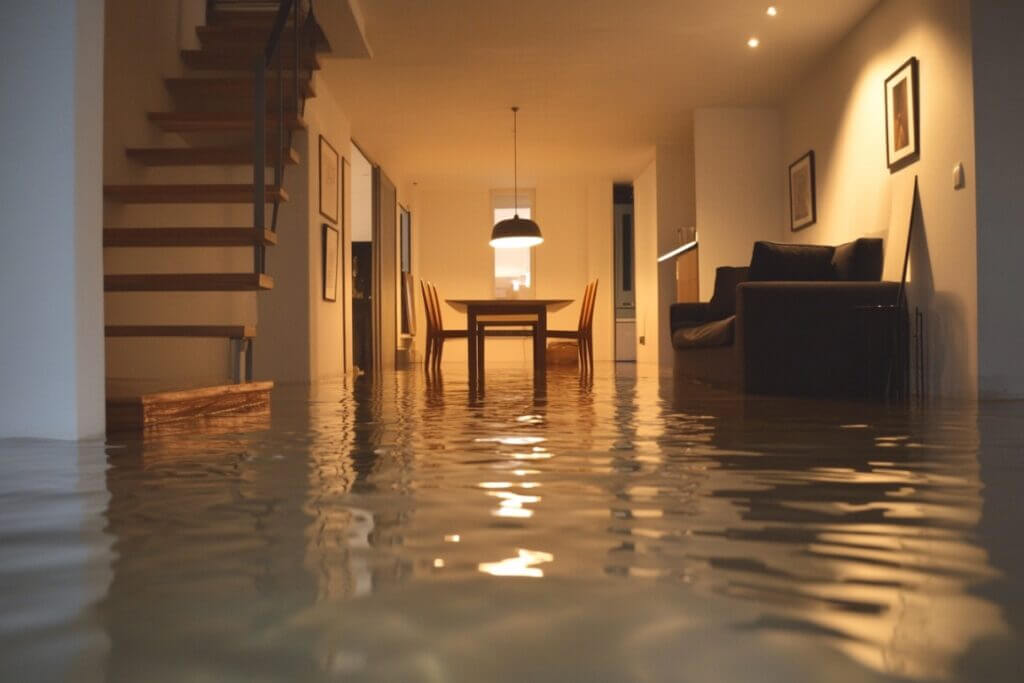 a flood in the basement of a home with a dining table and a sofa