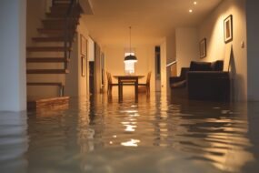 a flood in the basement of a home with a dining table and a sofa