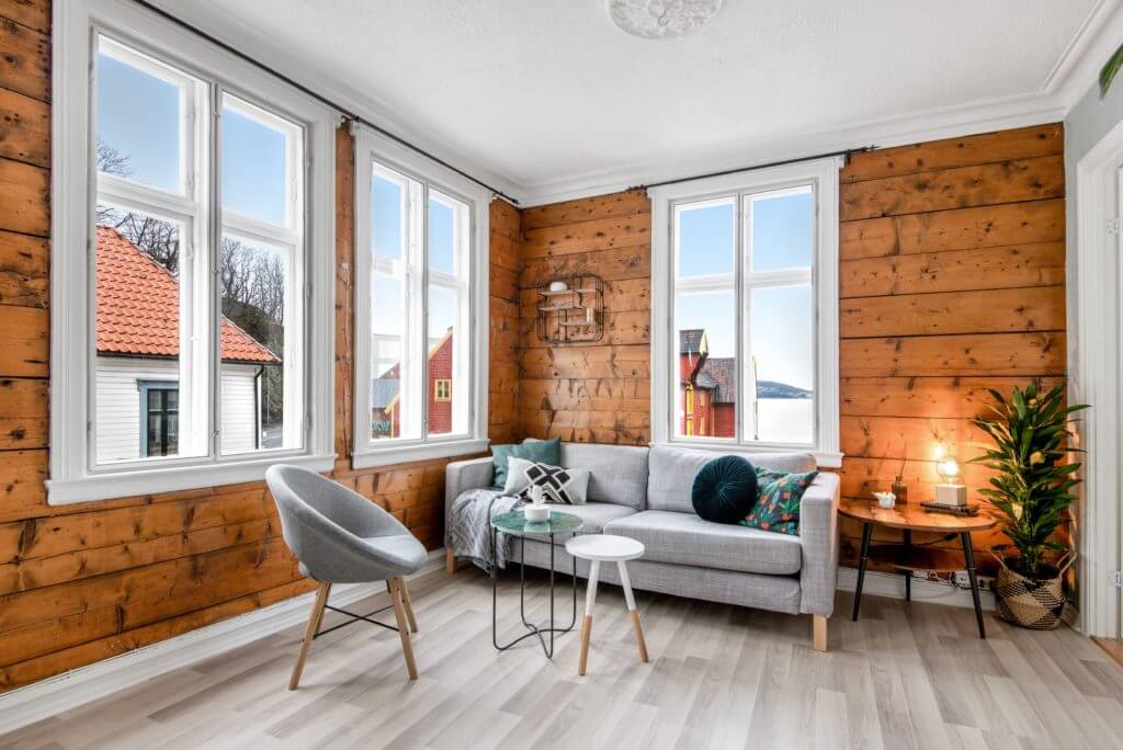 wood windows in a modern living room