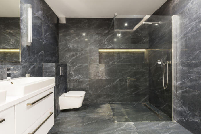 Open shower concept in a wet room bathroom