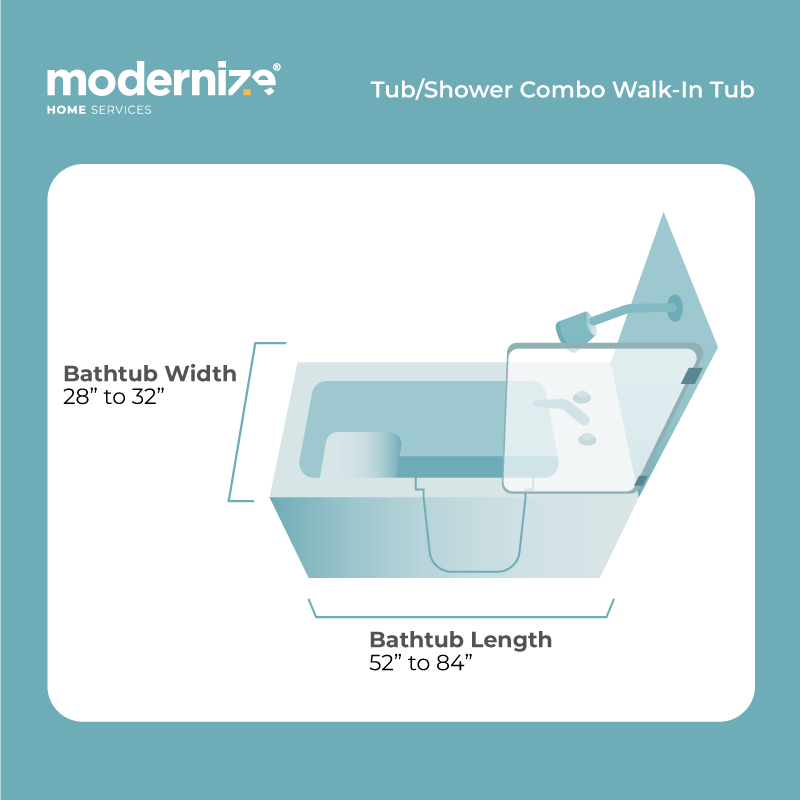 Illustration of a whirlpool walk-in tub with available sizes