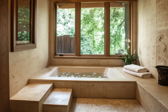 a modern bathroom with small stair to go into an alcove tub overlooking a large window 