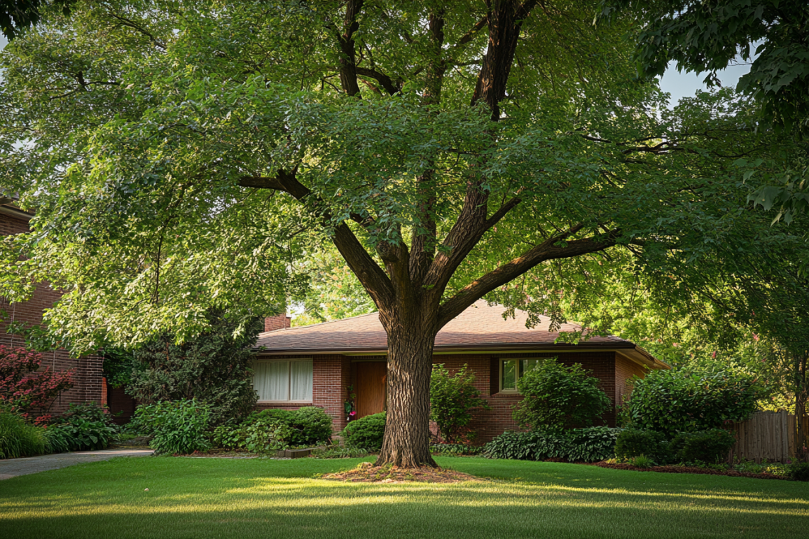 A suburban home with a large front yard with a big green tree infront of it 