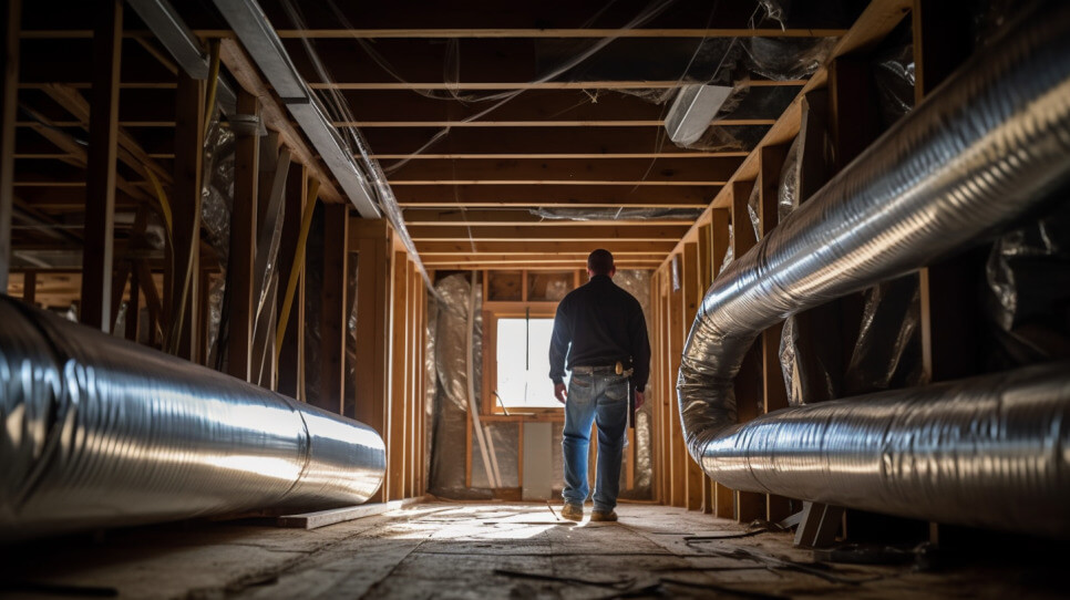 HVAC professional stands in attic overlooking an air duct system for cleaning