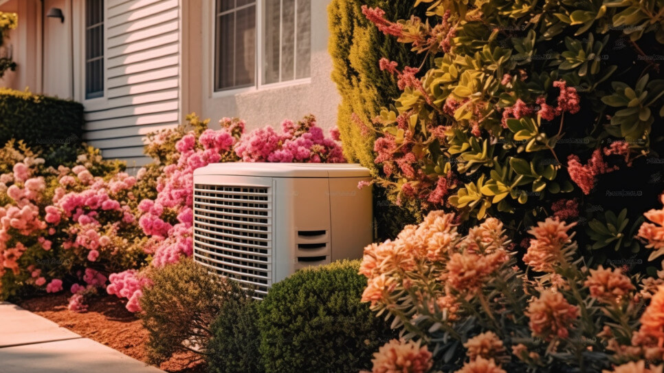 Clean AC unit outside with pink flowers