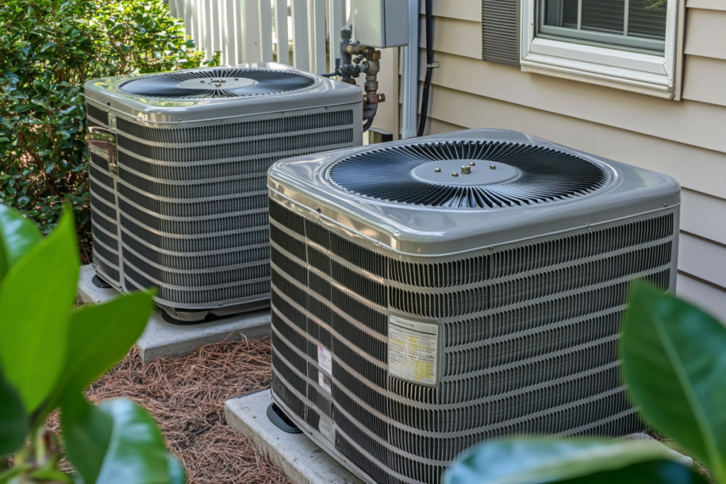 two central ac system units in the back of a home