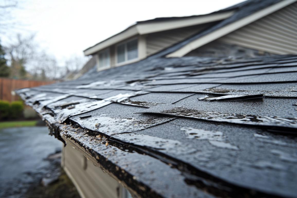 a zoomed in shot of a homes roof with shingle and water damage 