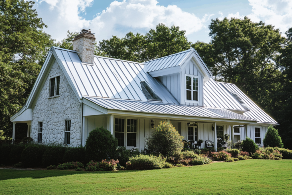 a suburban home with a white metal roof