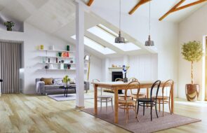 Living room and kitchen combo with large skylights
