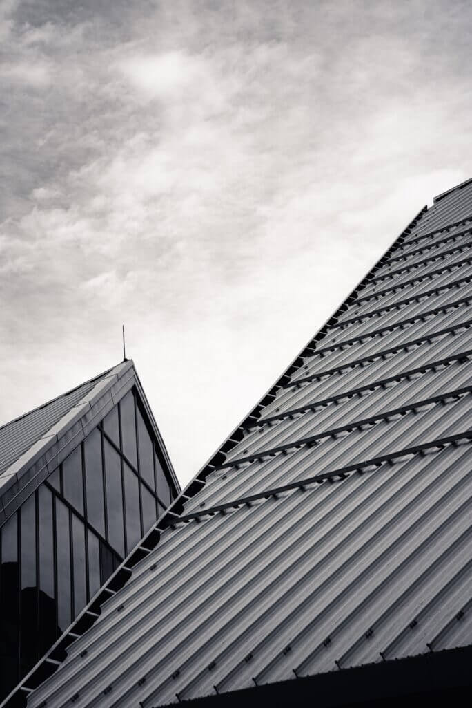 Slate gray metal roof, black and white photo