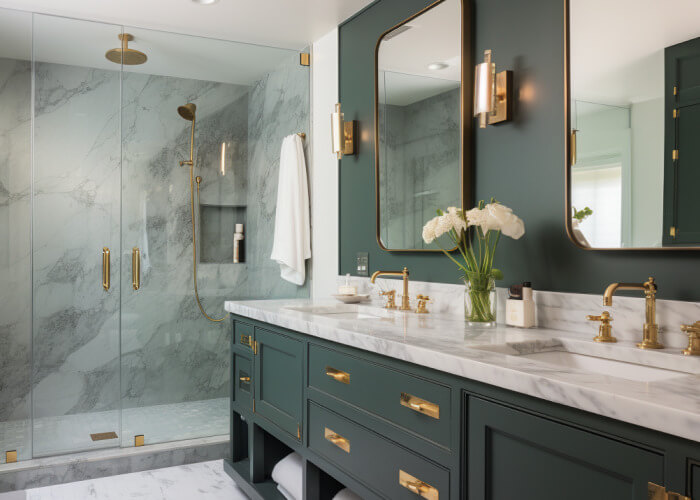 Image of a master bathroom with green vanity cabinets, brass fixtures and accents, and marble countertops
