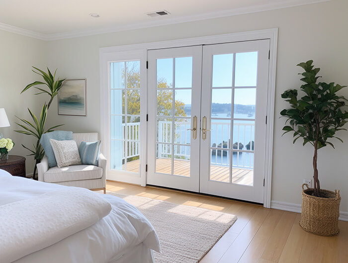 Image of a double French door leading from a bedroom onto a deck