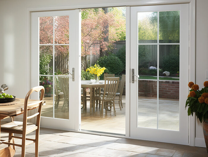 Image of open, sliding French doors leading to a patio