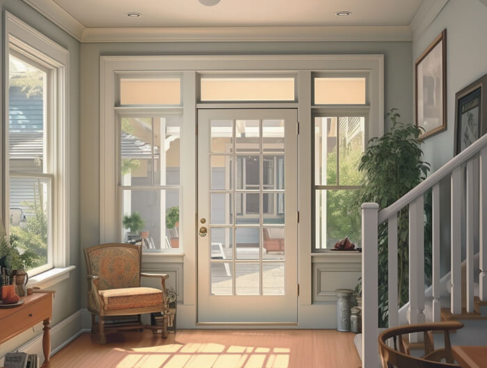 Image of a front entry single French door with windows on either side