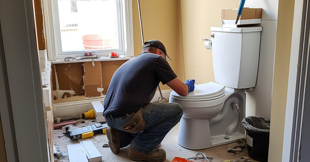 Image of a contractor replacing a toilet in an in-progress bathroom remodel