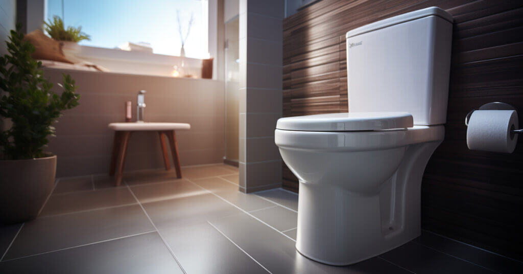Image of a modern toilet in a bathroom with tile floors and walls