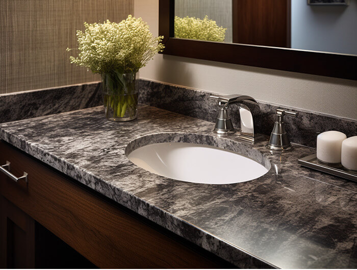 Image of a mood bathroom with black granite countertops, a white oval sink, and dark brushed hardware