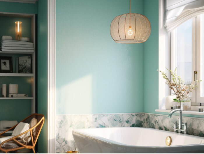 A bathroom with light blue walls and a unique chandelier above the tub