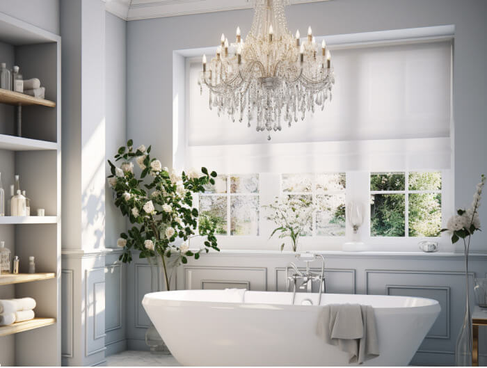 Bright bathroom with gray walls and a crystal chandelier above the freestanding tub