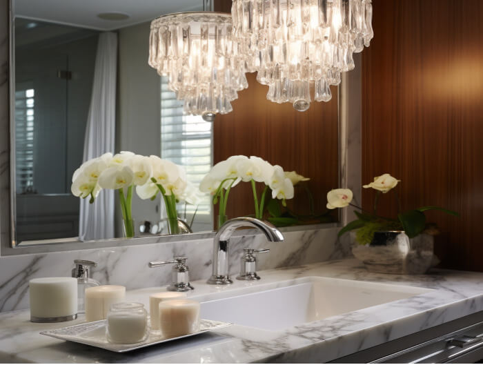 A bathroom vanity with a large crystal chandelier above the sink