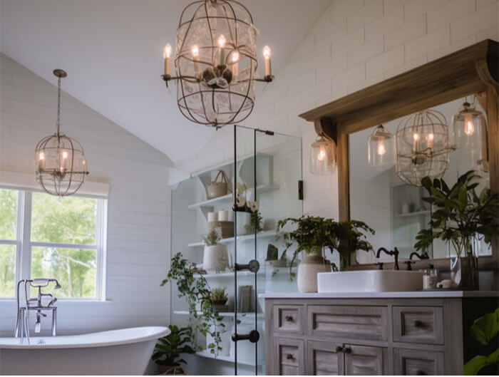 A charming bathroom with plant shelves, natural wood vanity, and a wood and glass chandelier in the middle of the space