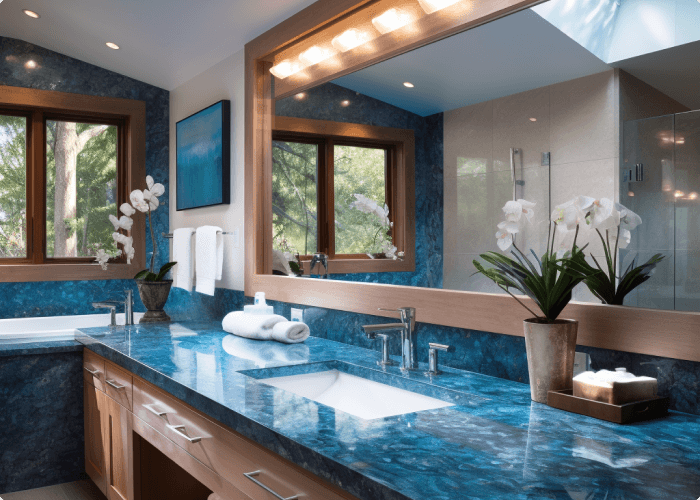 Bold blue quartz countertop in a large master bathroom