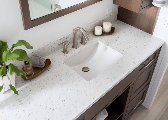 Classic white quartz countertop on a dark wood vanity with a white sink