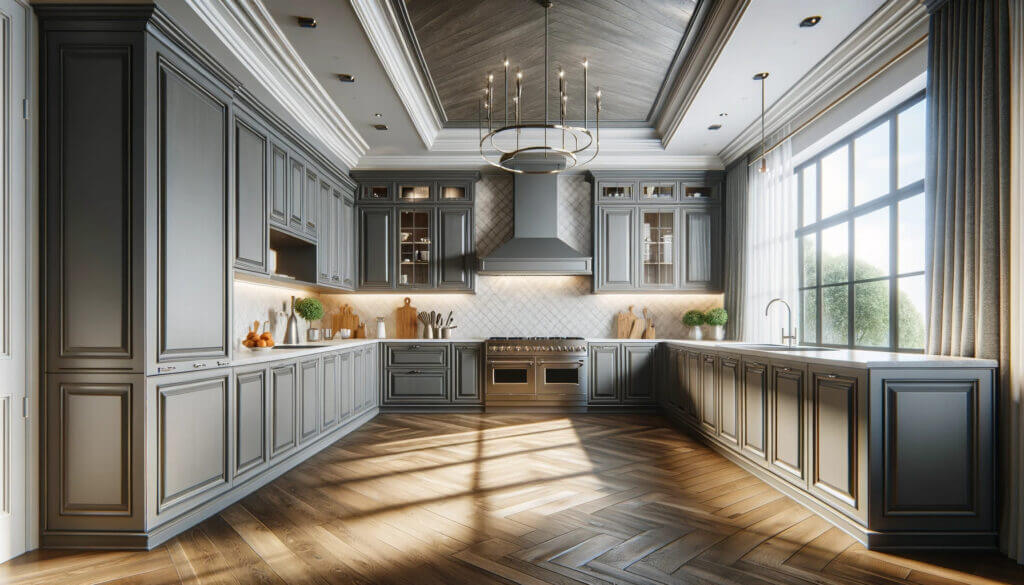 Image of a large modern kitchen with gray cabinets that are newly refaced