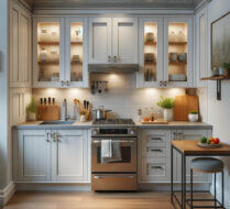 An image of a small kitchen with newly refaced kitchen cabinets